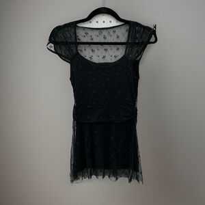 Black Sheer Mesh Top with Bow‎ Detail and Ruched Waist S M